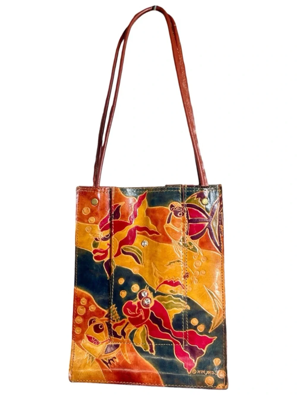 Vintage 1992 Embossed Leather Mini Bag Abstract Art Faces Fish Design Folk Art